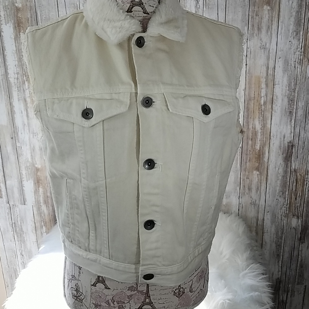Helmut Lang faux fur trim shrunken denim vest